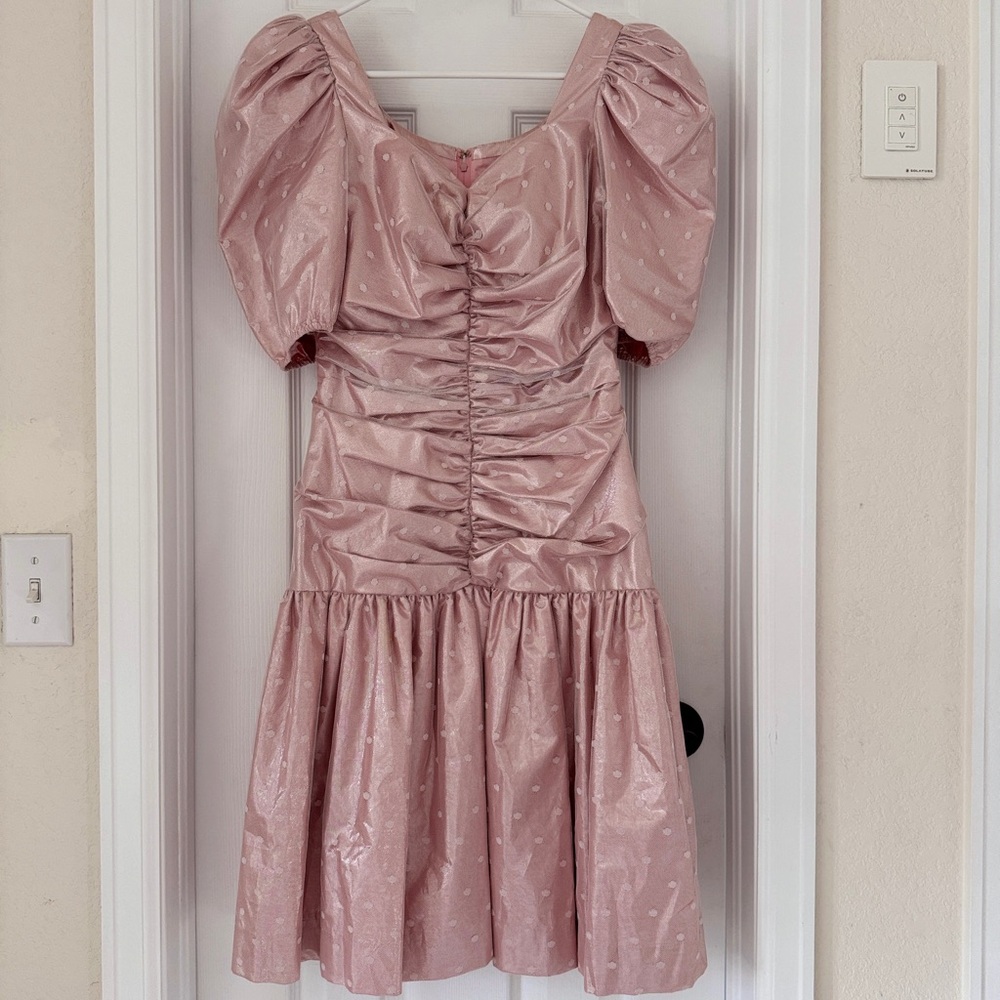 💕✨ VTG Halston III 80s Metallic Lame Pink Polka Dot Ruched Party Dress Size 6